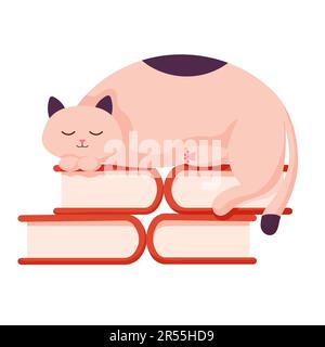 Katzenfigur schläft in Büchern. Vektorkätzchen-Ikone, flaches Zeichentrickdesign mit Logo. Stock Vektor