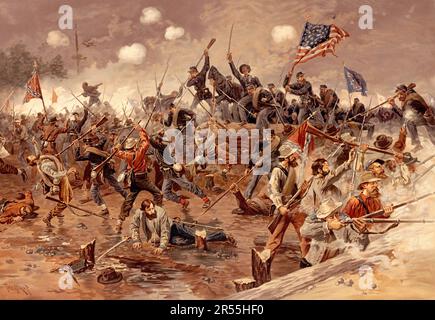 Schlacht des Gerichtsgebäudes von Spotsylvania, auch Schlacht von Spotsylvania, wurde im Amerikanischen Bürgerkrieg geführt und war die zweite Schlacht in Lieutenant General Ulysses S. Grants Overland Campaign von 1864, historische, digital restaurierte Reproduktion eines Originals aus dieser Zeit. / Schlacht bei Spotsylvania Court House, auch Schlacht von Spotsylvania, war im amerikanischen Bürgerkrieg ausgetragen und war die zweite Schlacht in Generalleutnant Ulysses S. Grants Überland-Feldzug 1864, Historisch, digital restaurierte Reproduktion von einer Vorlage aus der damaligen Zeit Stockfoto