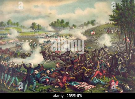 Die erste Battle of Bull Run, auch bekannt als die erste Schlacht von Manassas, fand am 21. Juli 1861 statt und war die erste bedeutende Landschlacht im Amerikanischen Bürgerkrieg, eine historische, digital restaurierte Reproduktion eines Originals aus dieser Zeit. / Die erste Schlacht am Bull Run, auch bekannt als erste Schlacht bei Manassas, gefunden am 21. Juli 1861 statt und war die erste nennenswerte Landschlacht des Amerikanischen Bürgerkrieges, Historisch, digital restaurierte Reproduktion von einer Vorlage aus der damaligen Zeit Stockfoto