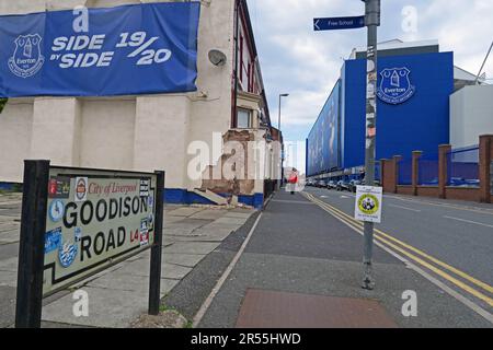 Goodison Road Schild, EFC, Everton Football Club, Goodison Park Stadium, Liverpool, Merseyside, England, Großbritannien, L4 4EL Stockfoto