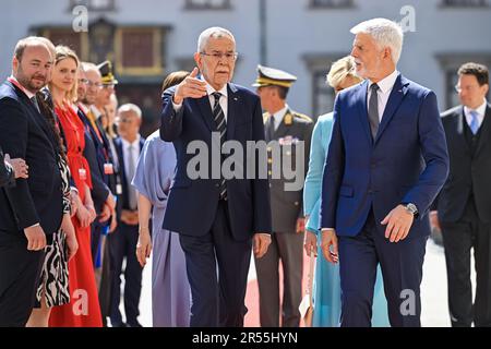 Wien, Österreich. 01. Juni 2023. Der österreichische Präsident Alexander Van der Bellen, Zentrum, trifft am 1. Juni 2023 in Wien seinen tschechischen Amtskollegen Petr Pavel, Right, Österreich. Kredit: VIT Simanek/CTK Photo/Alamy Live News Stockfoto