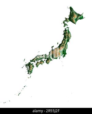 Japan. Sehr detailliertes 3D-Rendering einer schattierten Reliefkarte mit Flüssen und Seen. Farbig nach Höhe. Weißer Hintergrund. Erstellt mit Satellitendaten. Stockfoto