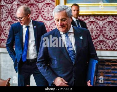 Oslo 20230601. Außenminister Antonio Tajani aus Italien während des informellen NATO-Treffens der Außenminister in Oslo. Foto: Lise Aaserud / NTB / POOL Stockfoto