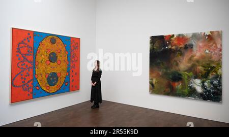 Gagosian, London, Großbritannien. 1. Juni 2023. To Bend the ear of the Outer World: Conversations on Conversations on Conversations on Contemporary Abstract Maler (1. Juni bis 25. August) ist eine umfangreiche Ausstellung neuer und neuerer Werke von mehr als 40 Künstlern aus den USA, Großbritannien und Deutschland. Neben einer Vielzahl von Ansätzen zur zeitgenössischen Abstraktion vereint die Ausstellung Werke von drei Generationen von Künstlern. Kredit: Malcolm Park/Alamy Live News Stockfoto