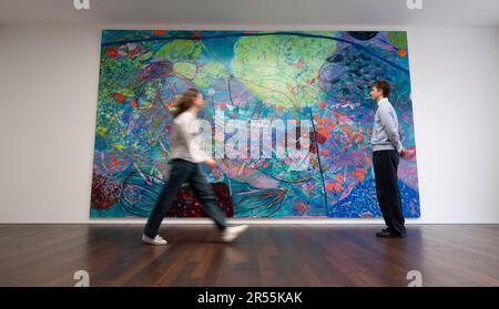 Gagosian, London, Großbritannien. 1. Juni 2023. To Bend the ear of the Outer World: Conversations on Conversations on Conversations on Contemporary Abstract Maler (1. Juni bis 25. August) ist eine umfangreiche Ausstellung neuer und neuerer Werke von mehr als 40 Künstlern aus den USA, Großbritannien und Deutschland. Neben einer Vielzahl von Ansätzen zur zeitgenössischen Abstraktion vereint die Ausstellung Werke von drei Generationen von Künstlern. Bild: Jadé Fadojutimi, und prägte bereitwillig die Erinnerung an meine Fehler, 2023. Kredit: Malcolm Park/Alamy Live News Stockfoto