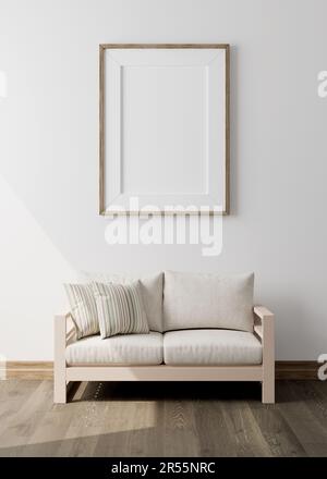 Modellrahmen im Wohnzimmerinneren des Bauernhauses, 3D-Rendering Stockfoto
