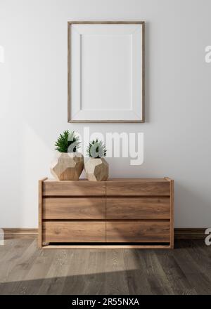 Modellrahmen im Wohnzimmerinneren des Bauernhauses, 3D-Rendering Stockfoto