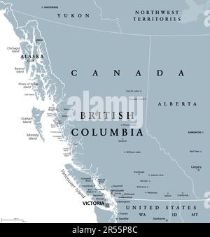 British Columbia, BC, Provinz von Kanada, graue politische Karte. Gelegen am Pazifischen Ozean, begrenzt von Alberta, Northwest Territories, Yukon und USA. Stockfoto