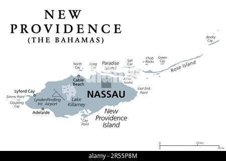 New Providence Island, graue politische Karte, mit Nassau, Hauptstadt der Bahamas, einem Inselland auf den Westindischen Inseln im Nordatlantik. Stockfoto