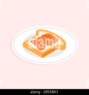 Isometrisches Lachs-Toast-Symbol. Leckeres, gesundes Frühstück. Köstliches offenes Sandwich mit geräucherten Fischscheiben und Frischkäse. Vektordarstellung isoliert. Stock Vektor