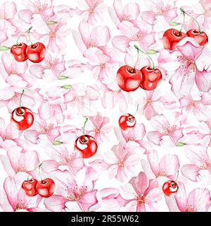 Eine Reihe von Aquarell-Illustrationen von Kirschen. Saftige, helle Kirschbeeren mit Blumen und Blättern. Für Design Stockfoto