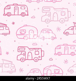 Niedliche Wohnwagen, Wohnwagen und Wohnmobile – Nahtloses Muster, handgezeichneter Hintergrund, ideal für Textilien, Banner, Tapeten. Stock Vektor