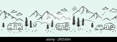 Nahtloses Muster für Roadtrips, kritzelnde Wohnwagen, Vanlife, Abenteuer – großartig für Textilien, Banner, Tapeten – Vektordesign Stock Vektor