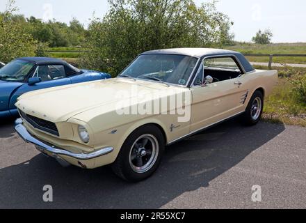 Dreiviertel Vorderansicht eines gelben, 1966, Ford Mustang 289, ausgestellt auf der Deal Classic Car Show 2023 Stockfoto