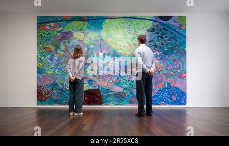 Gagosian, London, Großbritannien. 1. Juni 2023. To Bend the ear of the Outer World: Conversations on Conversations on Conversations on Contemporary Abstract Maler (1. Juni bis 25. August) ist eine umfangreiche Ausstellung neuer und neuerer Werke von mehr als 40 Künstlern aus den USA, Großbritannien und Deutschland. Neben einer Vielzahl von Ansätzen zur zeitgenössischen Abstraktion vereint die Ausstellung Werke von drei Generationen von Künstlern. Bild: Jadé Fadojutimi, und prägte bereitwillig die Erinnerung an meine Fehler, 2023. Kredit: Malcolm Park/Alamy Live News Stockfoto