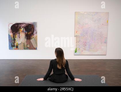 Gagosian, London, Großbritannien. 1. Juni 2023. To Bend the ear of the Outer World: Conversations on Conversations on Conversations on Contemporary Abstract Maler (1. Juni bis 25. August) ist eine umfangreiche Ausstellung neuer und neuerer Werke von mehr als 40 Künstlern aus den USA, Großbritannien und Deutschland. Neben einer Vielzahl von Ansätzen zur zeitgenössischen Abstraktion vereint die Ausstellung Werke von drei Generationen von Künstlern. Bild: (Links) Albert Oehlen, Martin Rev oder Alan Vega, 2022; (rechts) Laura Owens, Untitled, 2023. Kredit: Malcolm Park/Alamy Live News Stockfoto