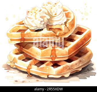 Frühstücksdessert Wasserfarben wiener Waffeln Wasserfarben. Hintergrund der Vektordarstellung. Stock Vektor