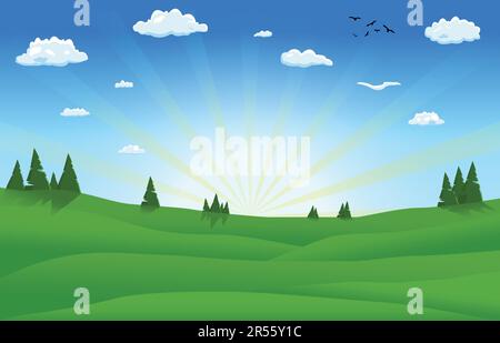 Landschaft bei Sonnenuntergang Landschaft Cartoon Hintergrund von grünen Wiesen und umgeben von Bäumen Stock Vektor
