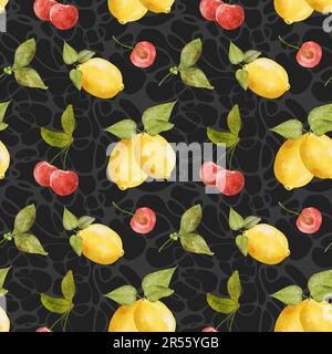 Nahtloses Zitronenkirschmuster. Aquarelle Darstellung von Kirsch- und Zitronenfrüchten und Beeren mit Blättern. Sommerliches helles Design Zitrusfrüchte Stockfoto