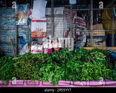 Ein thailändischer Kräuterhändler, der an seinem Stand auf dem Khlong Toei-Markt, dem größten Frischmarkt Bangkokís, an der Rama IV Road gesehen wurde. (Foto: Nathalie Jamois / SOPA Images / Sipa USA) Stockfoto