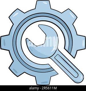 Zahnrad und Schraubenschlüssel. Symbol für Reparatur, Einstellung, technischen Service oder Support. Zeichentrickfilm. Vektordarstellung Stock Vektor
