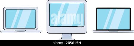 Computersatz mit leerem Bildschirm. Symbol. Zeichentrickfilm. Vektordarstellung Stock Vektor