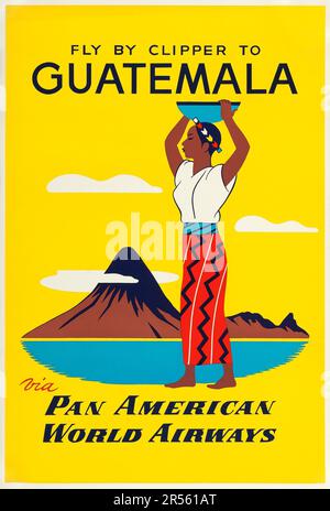 Fliegen Sie mit dem Clipper über Pan American World Airways nach Guatemala. 1950er. Reise-Poster Stockfoto