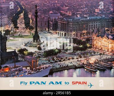 Fly Pan am Poster - Fliegen Sie Pan am nach Spanien (Panamerikanisch, 1970er). Reise-Poster Stockfoto