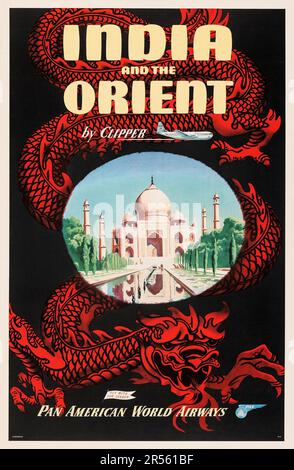 India and the Orient by Clipper (Pan American Airways, 1950er) Travel Poster mit einem roten Drachen und Taj Mahal Stockfoto