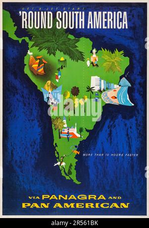 Karte von Südamerika - Get a Jet Start 'Round South America- Panagra (Pan American-Grace Airlines, 1960er). Reise-Poster Stockfoto