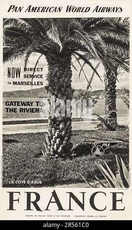 Pan am - Pan American World Airways Poster - Riviera - La Cote d'Azur, Frankreich (französisches Reisebüro, Ende 1940er). Schwarz-Weiß-Reiseposter Stockfoto