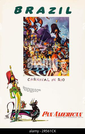 Pan American Airways - Brasilien (1950er). Reiseposter mit Karneval in Rio Stockfoto