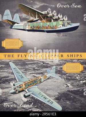 Pan American Airways Poster - nur „via Pan American“ können Sie die berühmte Flotte der fliegenden Klipper ins Ausland reisen Stockfoto