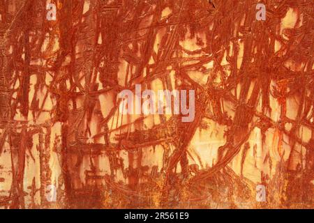 Eine rot-braune Abstraktion von zerkratzten rostigen Linien und Texturen auf einer alten verwitterten Metalloberfläche. Zufällige Aufprallspuren an einer Stahlwand. Sieht Gut Aus Stockfoto