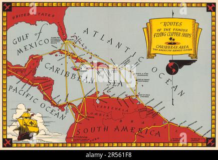 Pan American Airways System, Reiseposter 1930 - Routen der berühmten fliegenden Clipper-Schiffe. Karibik, Golf von Mexiko, Pazifik Stockfoto