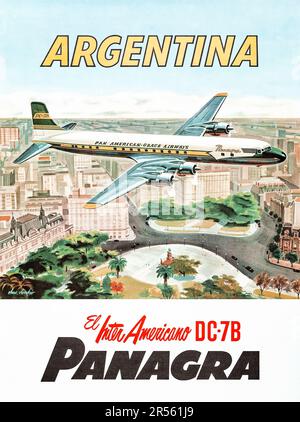 Panagra Airways - Argentinien (Pan American-Grace Airways, 1959). Reiseposter - El Inter Americano DC-7B Stockfoto