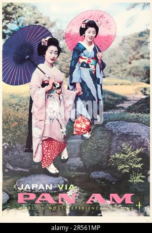 Zwei Geishas mit Sonnenschirmen - Pan am - Japan via Pan am (1960er). American Travel Poster Stockfoto