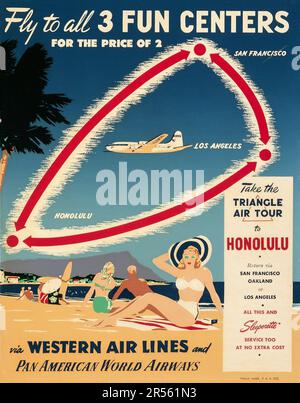 Western Airlines Triangle Air Tour (Pan am, ca. 1950er) Fliegen Sie zu allen 3 Fun Centers, San Francisco, Los Angeles, Honolulu Stockfoto