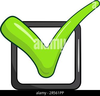 Grünes Häkchen im Quadrat. Zeichentrickfilm. Vektordarstellung Stock Vektor