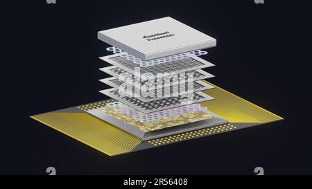 Quantenprozessorkonzept mit Quantenqubits Leiterplatten in Schichten, Verkabelung, Abdeckung, 3D-Rendering, eine Explosionsansicht, Auf Schwarz Stockfoto