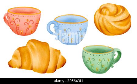 Teezeit-Set. Gemütliche Porzellantassen mit Vergoldung halten Tee und Kaffee warm. Die Croissant-Brötchen sind frisch und lecker. Isolierte digitale Handzeichnung Stockfoto