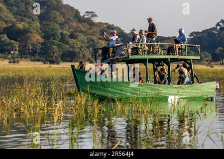 Geführte Bootstour über den Shire River. Abendliche Atmosphäre auf dem Shire River. Liwonde National Park, Malawi. Bootsfahrt auf dem Shire River. Vom Wasser aus können Sie Badelefanten, Flusspferde, Krokodile und Vögel beobachten Stockfoto