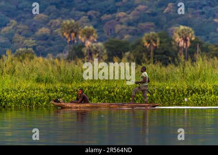 Angler in einem Kanu auf dem Shire River am Abend. Liwonde-Nationalpark, Malawi Stockfoto