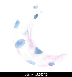 Handgezeichneter blauer Mond in Aquarellfarbe. Isoliert auf weiß. Kann für Karten, Muster, Einladungen und Etiketten verwendet werden Stockfoto