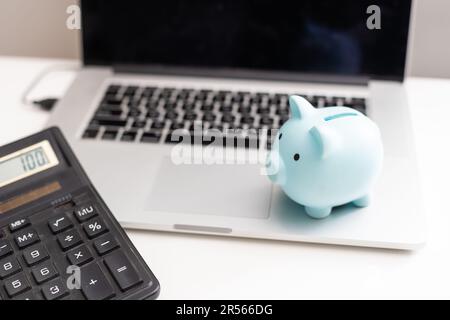 Piggy Bank mit Laptop, was bedeutet, online Geld zu verdienen oder Geschäftskonzepte im Internet zu entwickeln Stockfoto