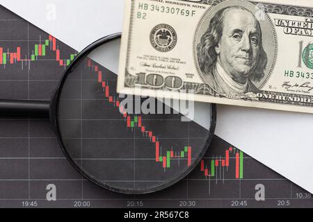 Steigende Kurve mit Kurstabellen und Kalkulator als Symbol für steigende Aktienkurse. Stockfoto