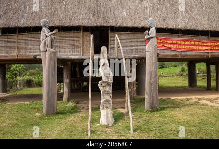 Baumstamm Treppen zum Eingang eines traditionellen „nha rong“, oder Kulturhauses, das der ethnischen Minderheit der Bahnar in der Kon Xomluh Villa gehört Stockfoto
