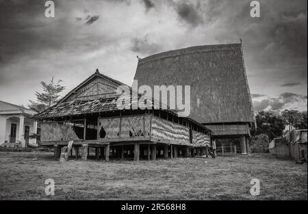 Hinter einem traditionellen „nha rong“, oder Kulturhaus, mit seinem segelähnlichen Strohdach, das der ethnischen Minderheit der Bahnar nebenan gehört Stockfoto