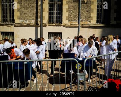 Reims, Frankreich. 01. Juni 2023. Beerdigung der Krankenschwester Carene Mezino in der Basilika Saint-Remi in Reims, Frankreich, am 1. Juni 2023. Carene Mezino wurde am 22. Mai im Maison-Blanche Krankenhaus in Reims erstochen. Die Krankenschwester wurde von einem Mann angegriffen, der an psychiatrischen Störungen litt, der Pflegekräfte angreifen wollte. Die 37-jährige Mutter starb am folgenden Tag an ihren Verletzungen. Foto: Stephanie Jayet/ABACAPRESS.COM Kredit: Abaca Press/Alamy Live News Stockfoto