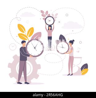 Zeitmanagement. Abbildung von Menschen, die eine Uhr mit einem Zifferblatt halten, auf dem Hintergrund von Münzen, Zahnrädern, Sanduhren, Blättern. Bild einer Frau und einer Stock Vektor
